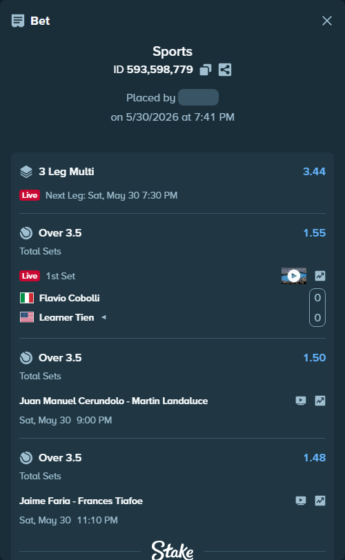 Bet slip: Jaime Faria - Frances Tiafoe, $14,680.19 stake at 1.48 odds, placed by NicoleCoal