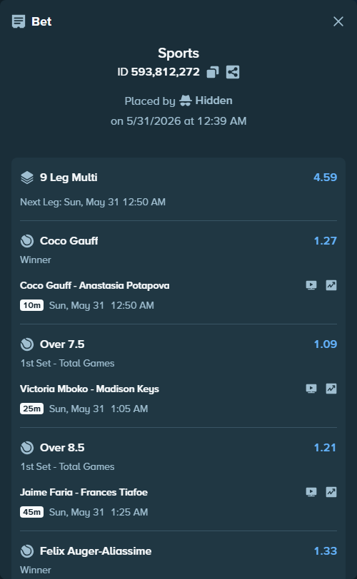 Bet slip: Jaime Faria - Frances Tiafoe, $162,347.07 stake at 1.21 odds, placed by Hidden