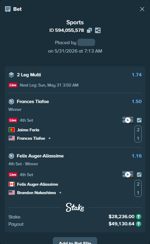 Bet slip: Jaime Faria - Frances Tiafoe, $28,264.24 stake at 1.50 odds, placed by Elantari36