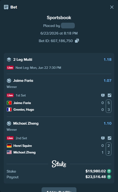 Bet slip: Jaime Faria - Grenier, Hugo, $20,000.00 stake at 1.07 odds, placed by SH7N28