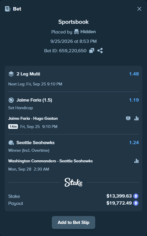 Bet slip: Jaime Faria - Hugo Gaston, $13,194.38 stake at 1.19 odds, placed by Hidden