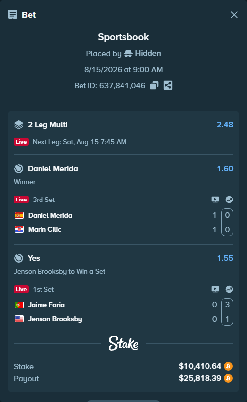 Bet slip: Jaime Faria - Jenson Brooksby, $10,428.27 stake at 1.55 odds, placed by Hidden