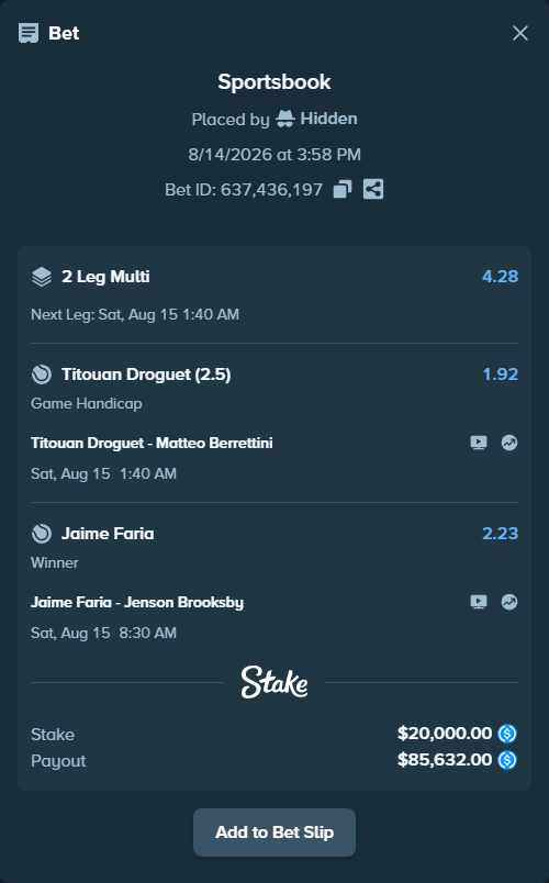 Bet slip: Jaime Faria - Jenson Brooksby, $20,000.00 stake at 2.23 odds, placed by Hidden