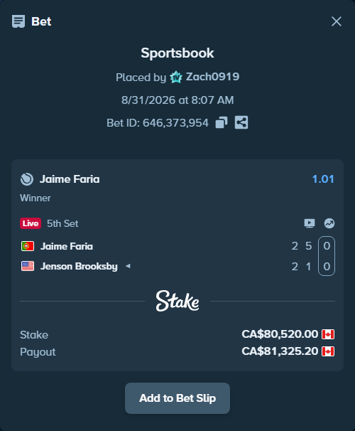 Bet slip: Jaime Faria - Jenson Brooksby, $59,584.80 stake at 1.01 odds, placed by Zach0919