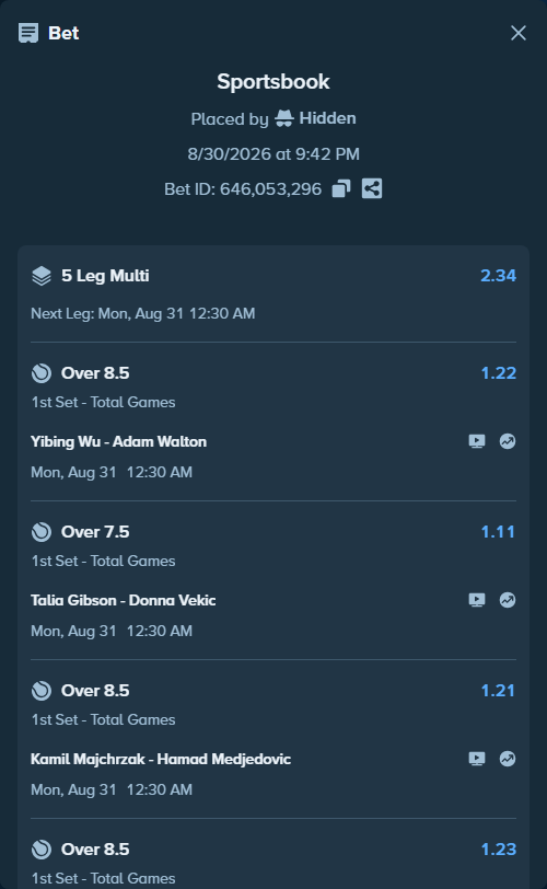 Bet slip: Jaime Faria - Jenson Brooksby, $75,000.00 stake at 1.23 odds, placed by Hidden