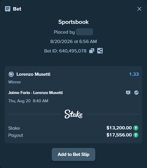 Bet slip: Jaime Faria - Lorenzo Musetti, $13,200.00 stake at 1.33 odds, placed by Nicolerrk