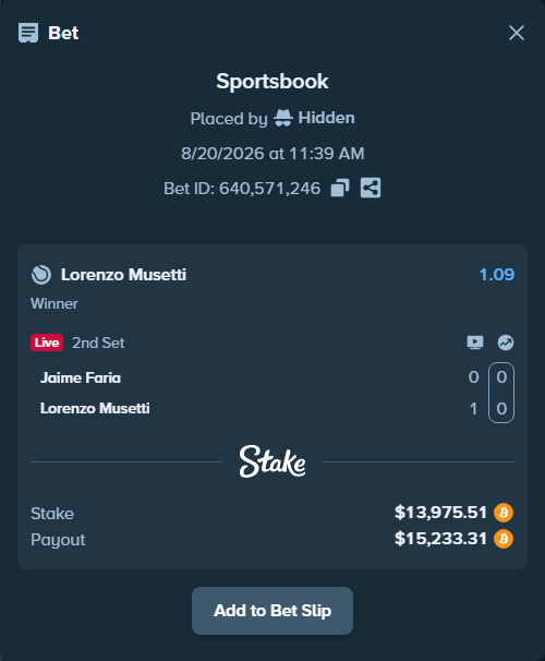 Bet slip: Jaime Faria - Lorenzo Musetti, $13,828.63 stake at 1.09 odds, placed by Hidden
