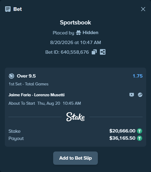 Bet slip: Jaime Faria - Lorenzo Musetti, $20,686.67 stake at 1.75 odds, placed by Hidden