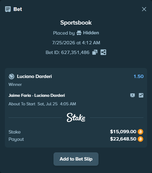 Bet slip: Jaime Faria - Luciano Darderi, $15,151.16 stake at 1.50 odds, placed by Hidden