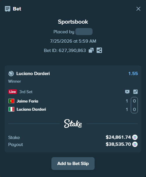 Bet slip: Jaime Faria - Luciano Darderi, $24,462.75 stake at 1.55 odds, placed by Richboyquan