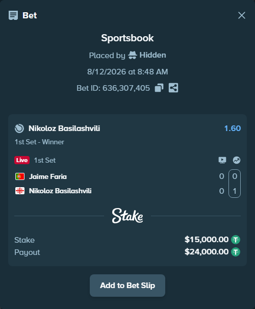 Bet slip: Jaime Faria - Nikoloz Basilashvili, $15,015.00 stake at 1.60 odds, placed by Hidden