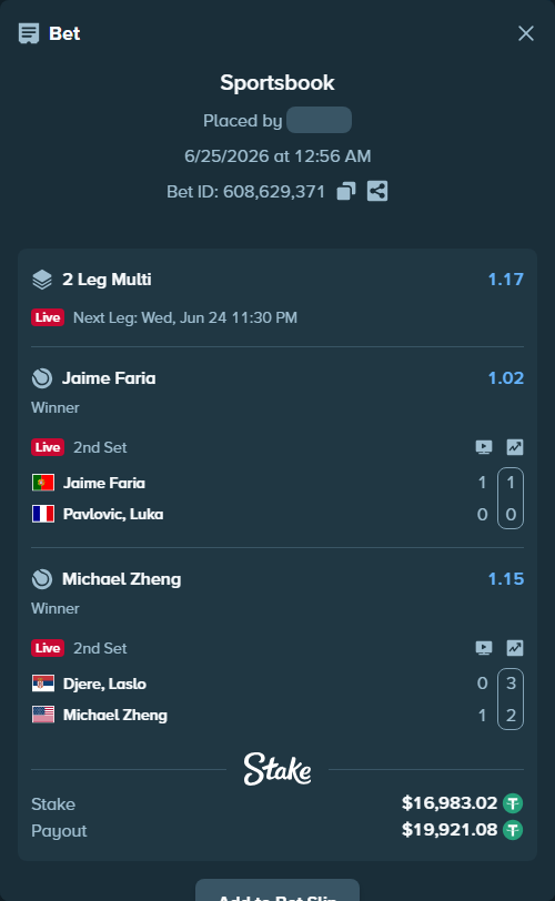 Bet slip: Jaime Faria - Pavlovic, Luka, $17,000.00 stake at 1.02 odds, placed by SH7N28