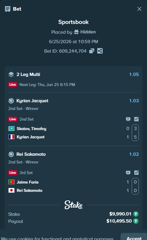 Bet slip: Jaime Faria - Rei Sakamoto, $10,000.00 stake at 1.02 odds, placed by SH7N28