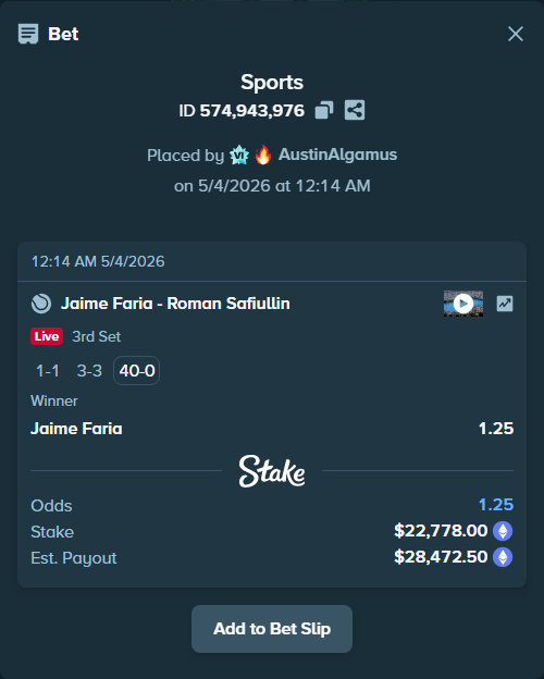 Bet slip: Jaime Faria - Roman Safiullin, $17,015.58 stake at 1.25 odds, placed by AustinAlgamus