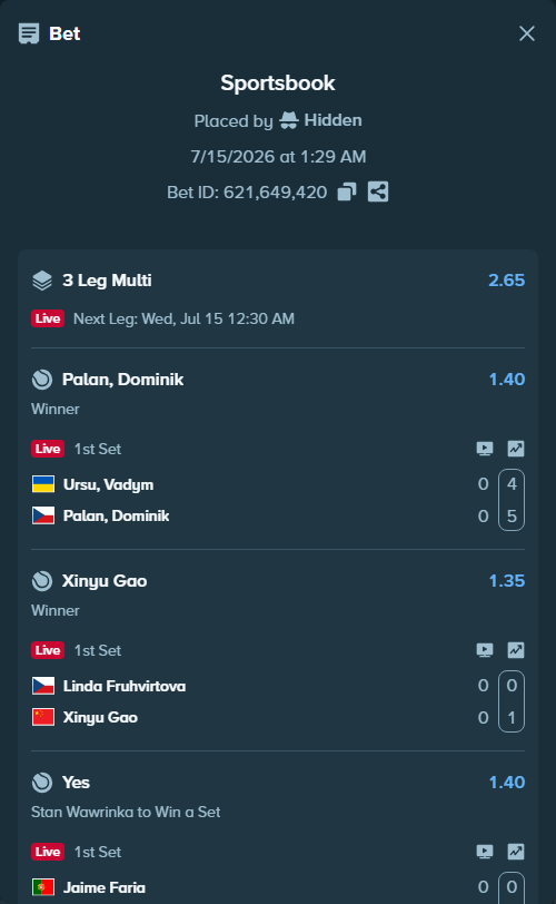 Bet slip: Jaime Faria - Stan Wawrinka, $10,000.00 stake at 1.40 odds, placed by Hidden