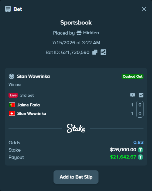 Bet slip: Jaime Faria - Stan Wawrinka, $26,000.00 stake at 2.15 odds, placed by Kriski99