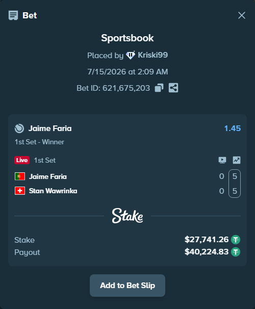 Bet slip: Jaime Faria - Stan Wawrinka, $27,769.00 stake at 1.45 odds, placed by Kriski99