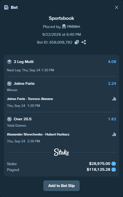 Bet slip: Jaime Faria - Terence Atmane, $28,975.00 stake at 2.24 odds, placed by Hidden