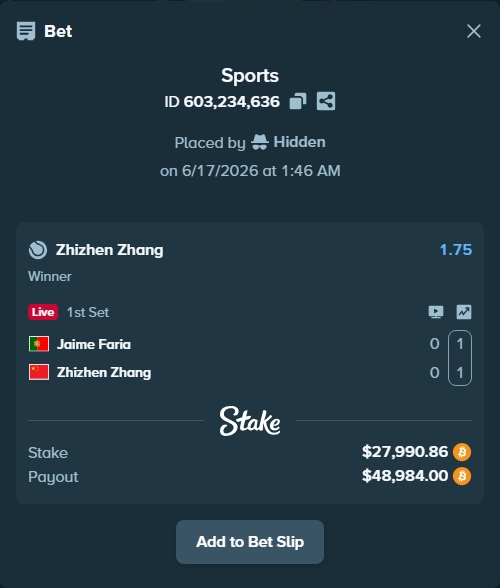 Bet slip: Jaime Faria - Zhizhen Zhang, $27,386.50 stake at 1.75 odds, placed by Hidden