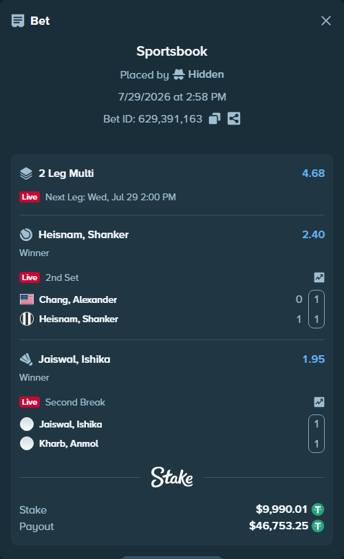 Bet slip: Jaiswal, Ishika - Kharb, Anmol, $10,000.00 stake at 1.95 odds, placed by Hidden