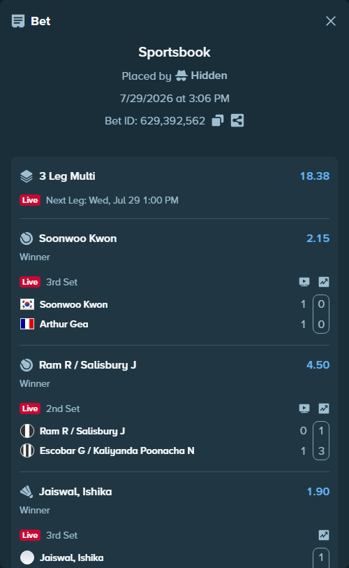 Bet slip: Jaiswal, Ishika - Kharb, Anmol, $10,000.00 stake at 1.90 odds, placed by Hidden