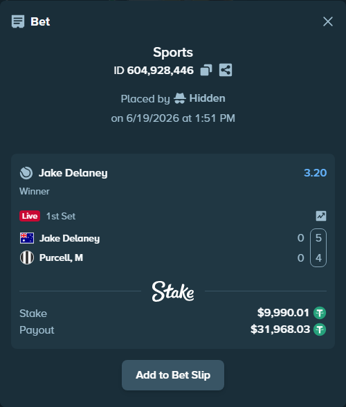 Bet slip: Jake Delaney - Purcell, M, $10,000.00 stake at 3.20 odds, placed by Hidden