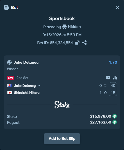 Bet slip: Jake Delaney - Shiraishi, Hikaru, $15,978.00 stake at 1.70 odds, placed by Hidden