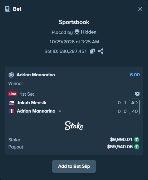 Bet slip: Jakub Mensik - Adrian Mannarino, $10,000.00 stake at 6.00 odds, placed by Hidden