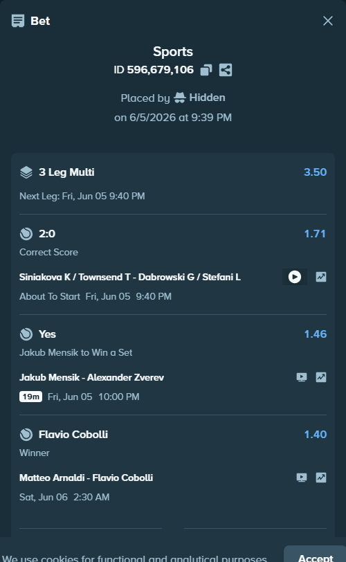 Bet slip: Jakub Mensik - Alexander Zverev, $10,000.00 stake at 1.46 odds, placed by Hidden