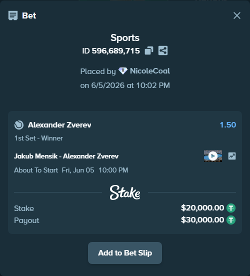 Bet slip: Jakub Mensik - Alexander Zverev, $20,020.00 stake at 1.50 odds, placed by NicoleCoal
