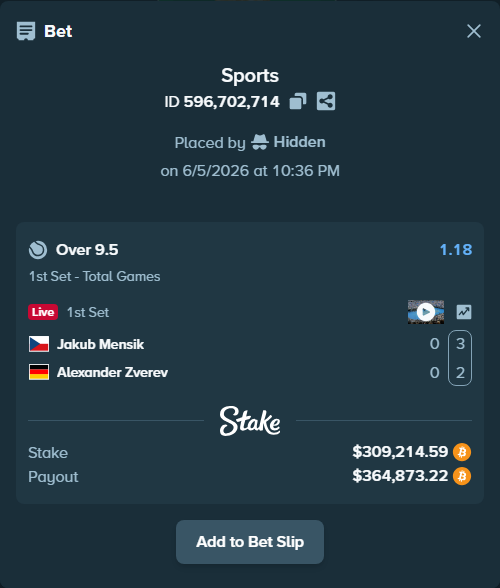 Bet slip: Jakub Mensik - Alexander Zverev, $321,650.00 stake at 1.18 odds, placed by Hidden