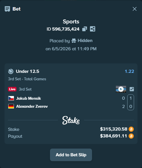 Bet slip: Jakub Mensik - Alexander Zverev, $333,681.23 stake at 1.22 odds, placed by Hidden
