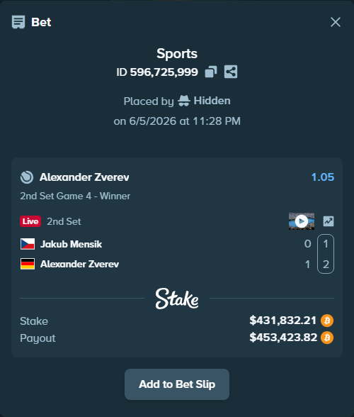Bet slip: Jakub Mensik - Alexander Zverev, $450,310.00 stake at 1.05 odds, placed by Hidden