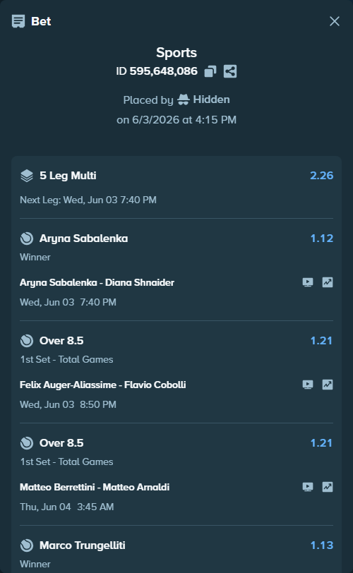 Bet slip: Jakub Mensik - Alexander Zverev, $75,000.00 stake at 1.22 odds, placed by Hidden
