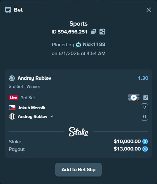 Bet slip: Jakub Mensik - Andrey Rublev, $10,000.00 stake at 1.30 odds, placed by Nick1188