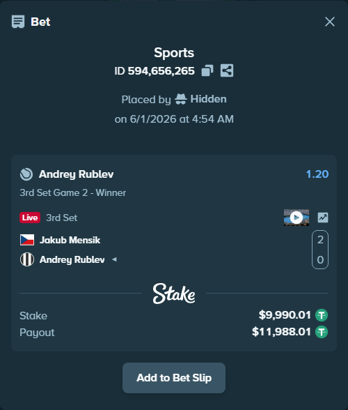 Bet slip: Jakub Mensik - Andrey Rublev, $10,000.00 stake at 1.20 odds, placed by Hidden