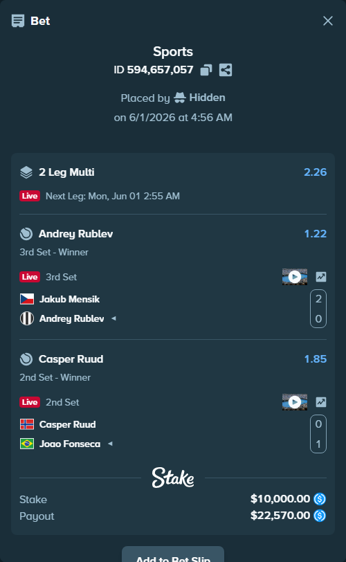 Bet slip: Jakub Mensik - Andrey Rublev, $10,000.00 stake at 1.22 odds, placed by Hidden