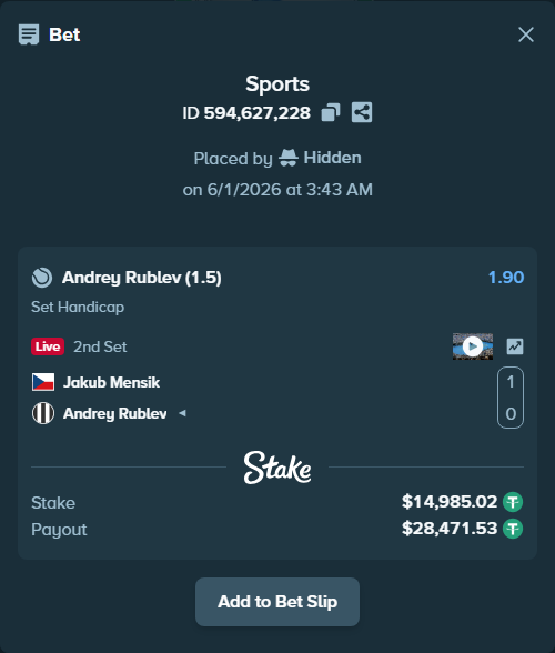 Bet slip: Jakub Mensik - Andrey Rublev, $15,000.00 stake at 1.90 odds, placed by Hidden