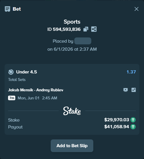 Bet slip: Jakub Mensik - Andrey Rublev, $30,000.00 stake at 1.37 odds, placed by hingis79