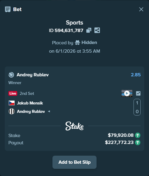 Bet slip: Jakub Mensik - Andrey Rublev, $80,000.00 stake at 2.85 odds, placed by Hidden