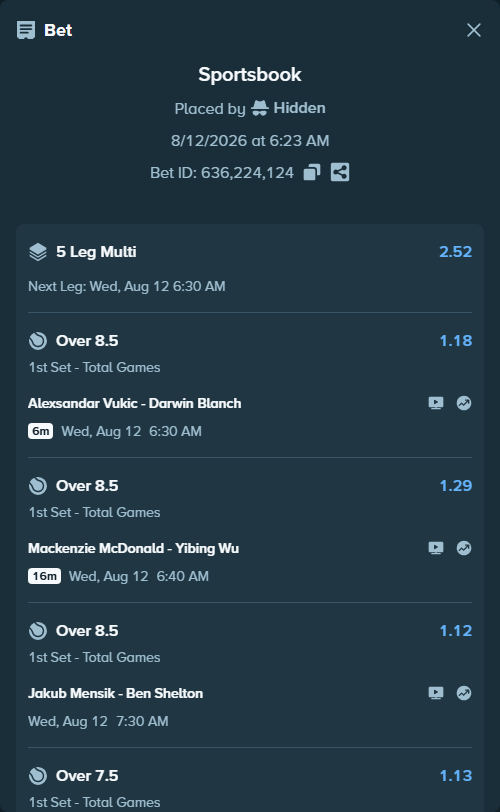 Bet slip: Jakub Mensik - Ben Shelton, $75,000.00 stake at 1.12 odds, placed by Hidden