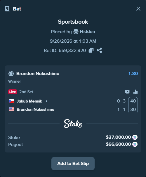 Bet slip: Jakub Mensik - Brandon Nakashima, $37,134.54 stake at 1.80 odds, placed by Hidden