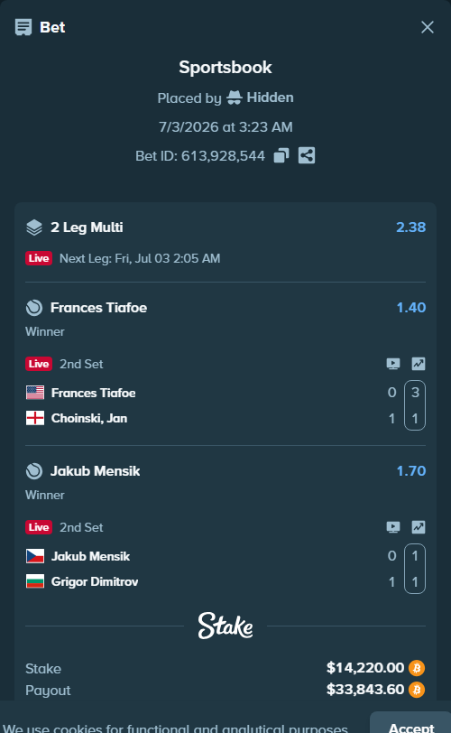 Bet slip: Jakub Mensik - Grigor Dimitrov, $14,470.36 stake at 1.70 odds, placed by Hidden