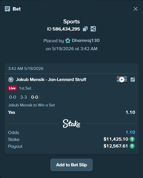 Bet slip: Jakub Mensik - Jan-Lennard Struff, $11,436.53 stake at 1.10 odds, placed by Dharmraj130