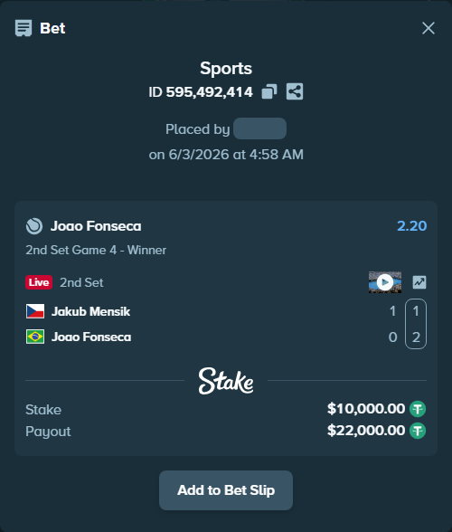 Bet slip: Jakub Mensik - Joao Fonseca, $10,010.00 stake at 2.20 odds, placed by Kriski99