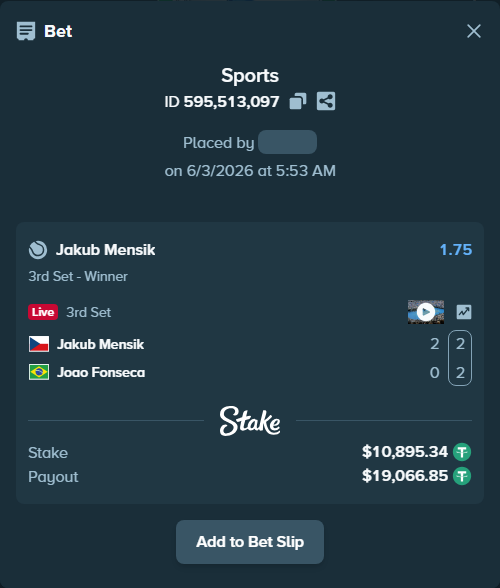 Bet slip: Jakub Mensik - Joao Fonseca, $10,906.24 stake at 1.75 odds, placed by hingis79
