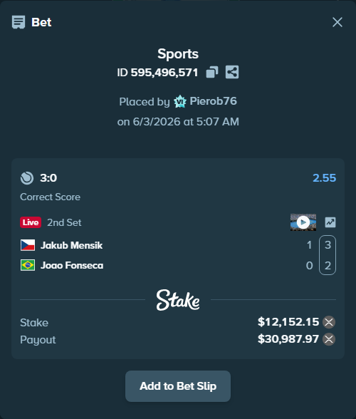 Bet slip: Jakub Mensik - Joao Fonseca, $11,500.00 stake at 2.55 odds, placed by Pierob76