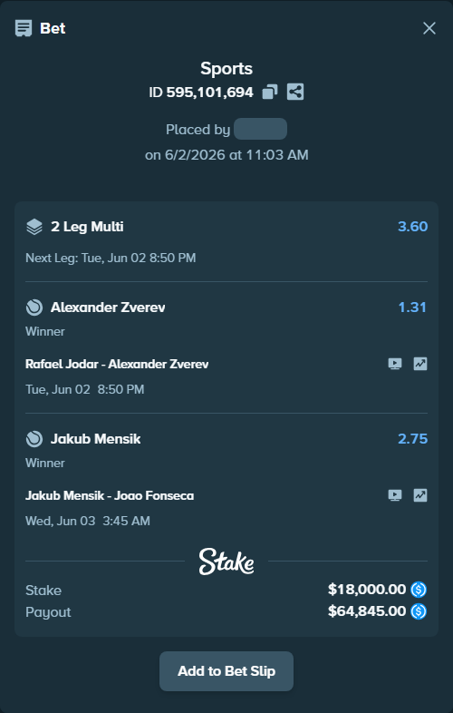 Bet slip: Jakub Mensik - Joao Fonseca, $18,000.00 stake at 2.75 odds, placed by crazypianist