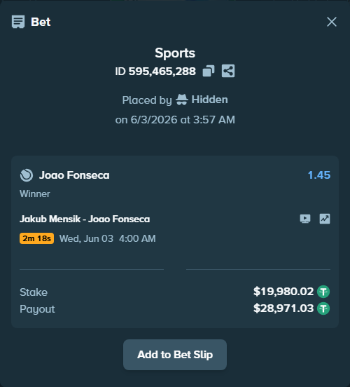Bet slip: Jakub Mensik - Joao Fonseca, $20,000.00 stake at 1.45 odds, placed by hingis79