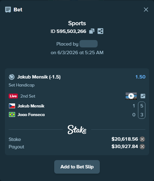 Bet slip: Jakub Mensik - Joao Fonseca, $19,550.00 stake at 1.50 odds, placed by Pierob76